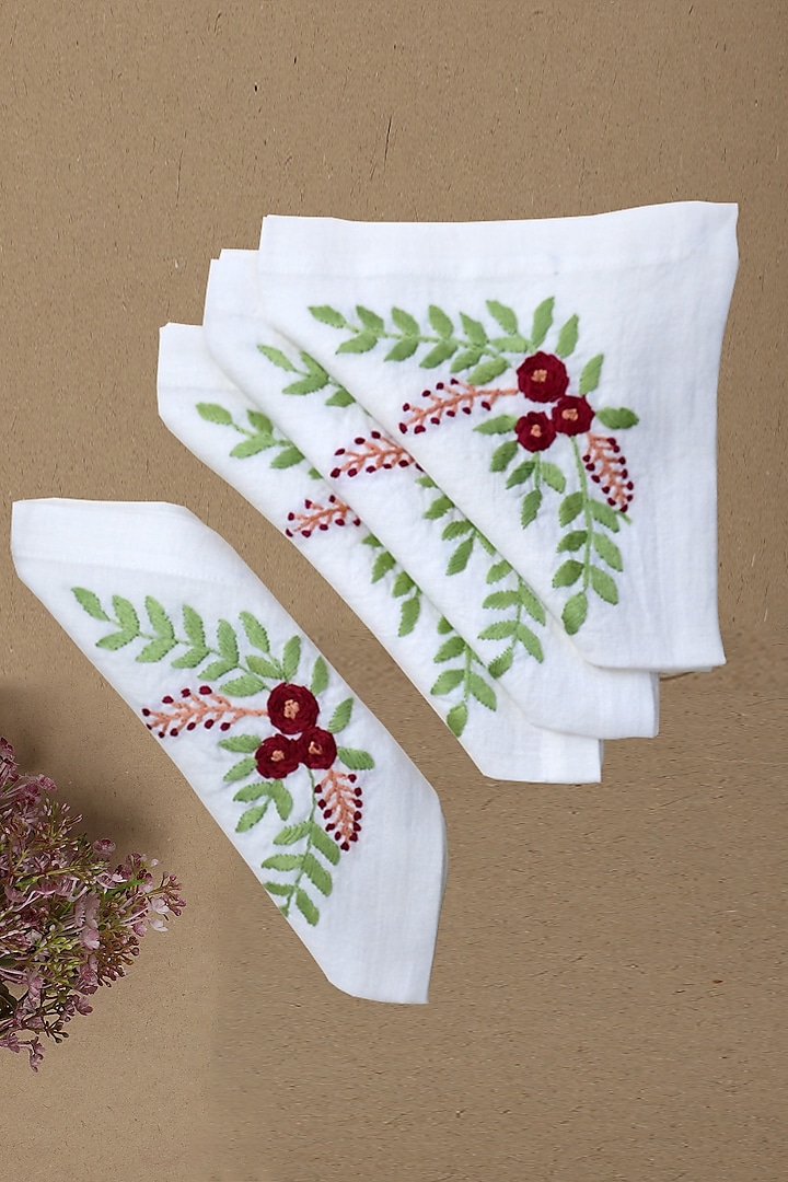 Cream Hand Embroidered Pure Linen Table Napkins (Set of 4) by Design Gaatha