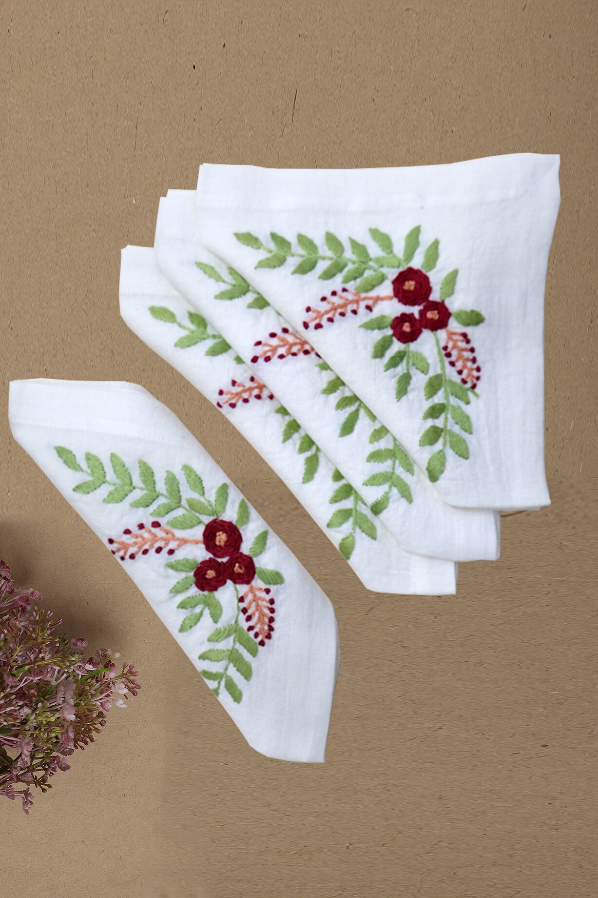 Cream with Multicolor Hand Embroidered Pure Linen Table Napkin