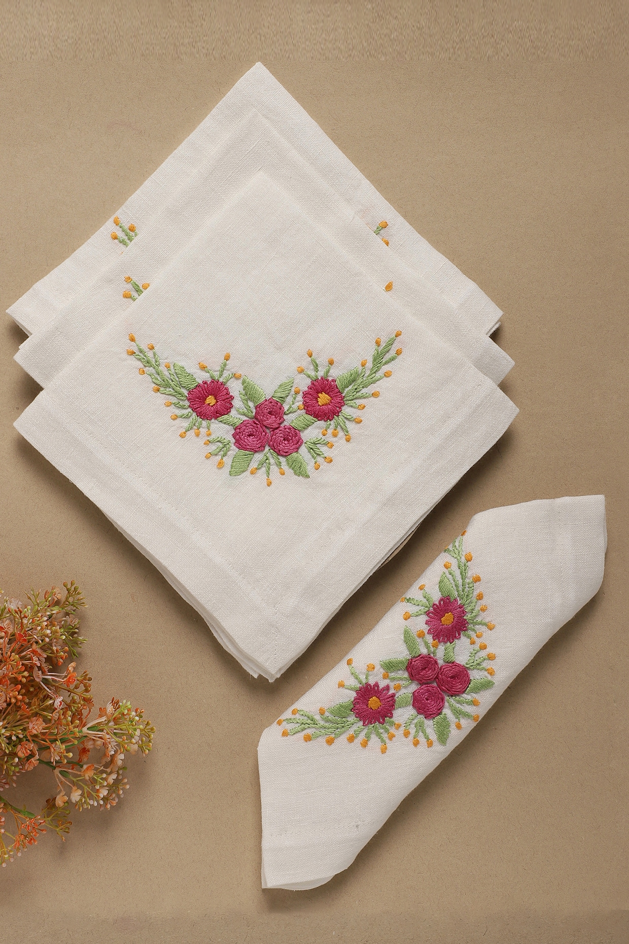 Cream with Multicolor Hand Embroidered Pure Linen Table Napkin