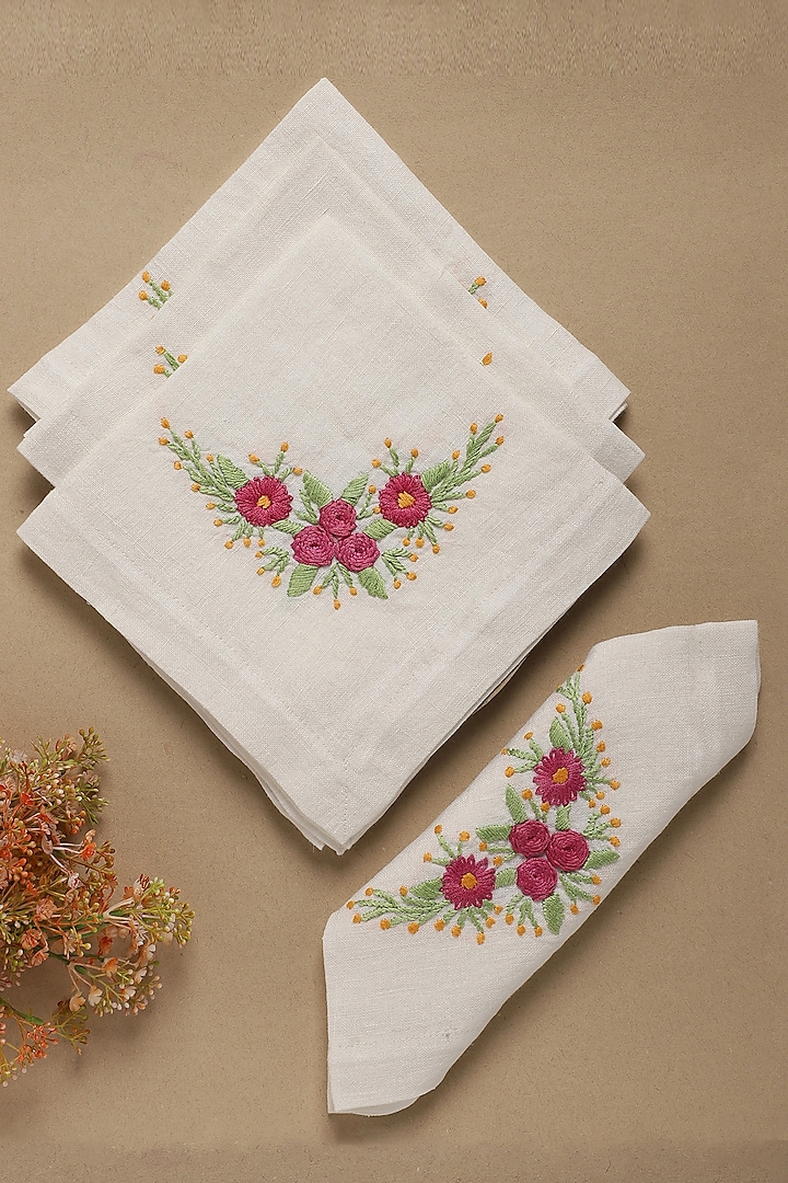 Cream Hand Embroidered Table Napkins (Set of 4) by Design Gaatha