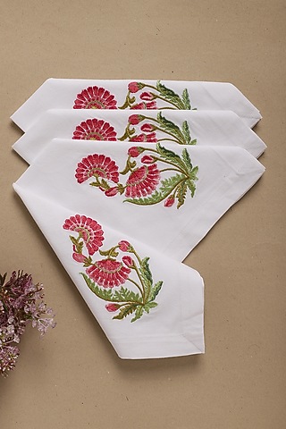 Cream Hand Embroidered Table Napkins (Set of 4) by Design Gaatha