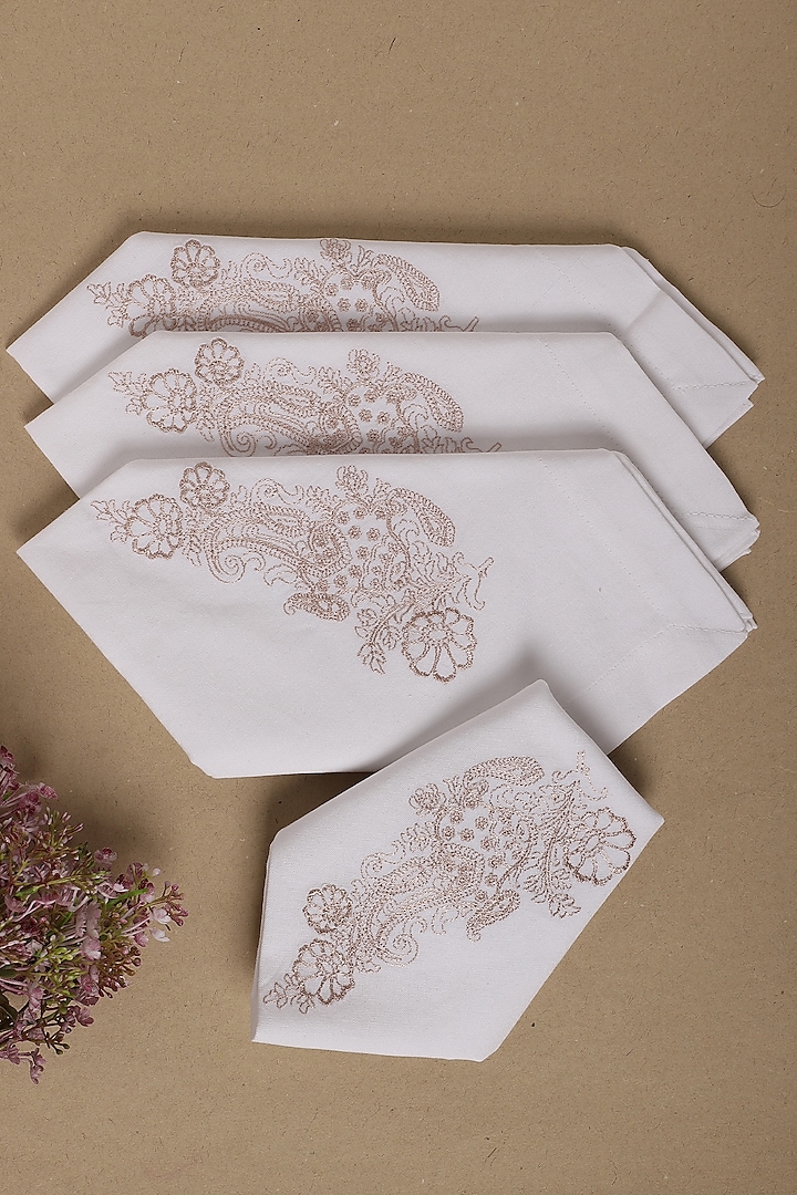 Cream & Beige Hand Embroidered Table Napkins (Set of 4) by Design Gaatha