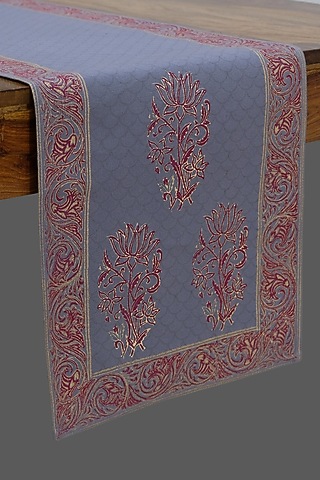 Light Grey Hand Block Printed Table Runner by Design Gaatha
