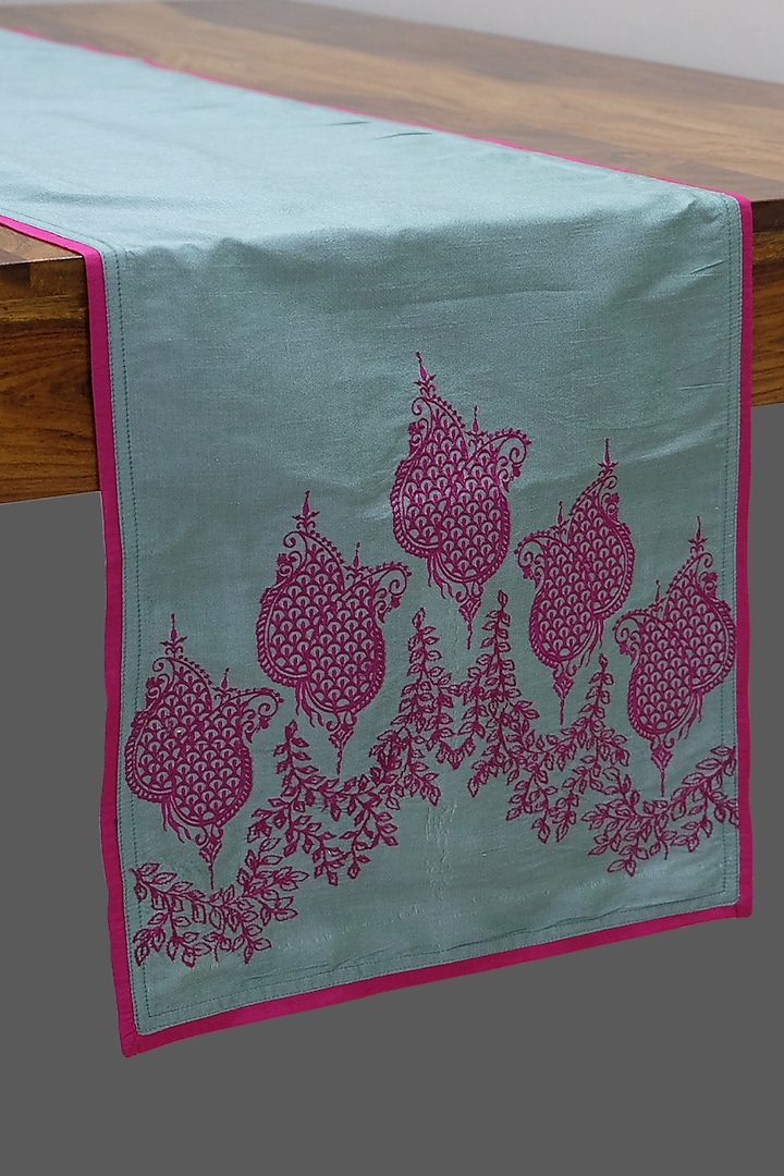 Sea Green & Fuchsia Paisley Embroidered Table Runner by Design Gaatha