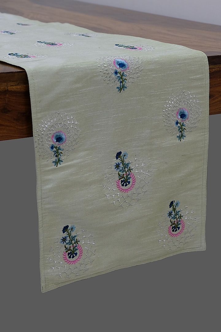 Fennel Green Embroidered Table Runner by Design Gaatha