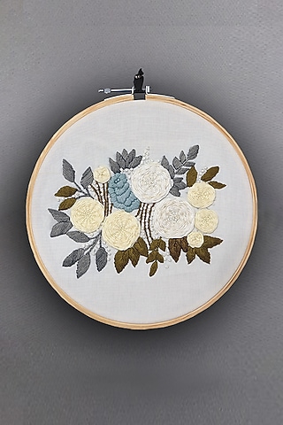 Cream Floral Hand Embroidered Hoop Wall Hanging by Design Gaatha