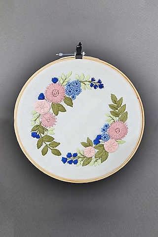 Cream Floral Hand Embroidered Hoop Wall Hanging by Design Gaatha