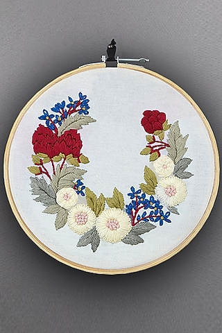 Cream Floral Hand Embroidered Hoop Wall Hanging by Design Gaatha