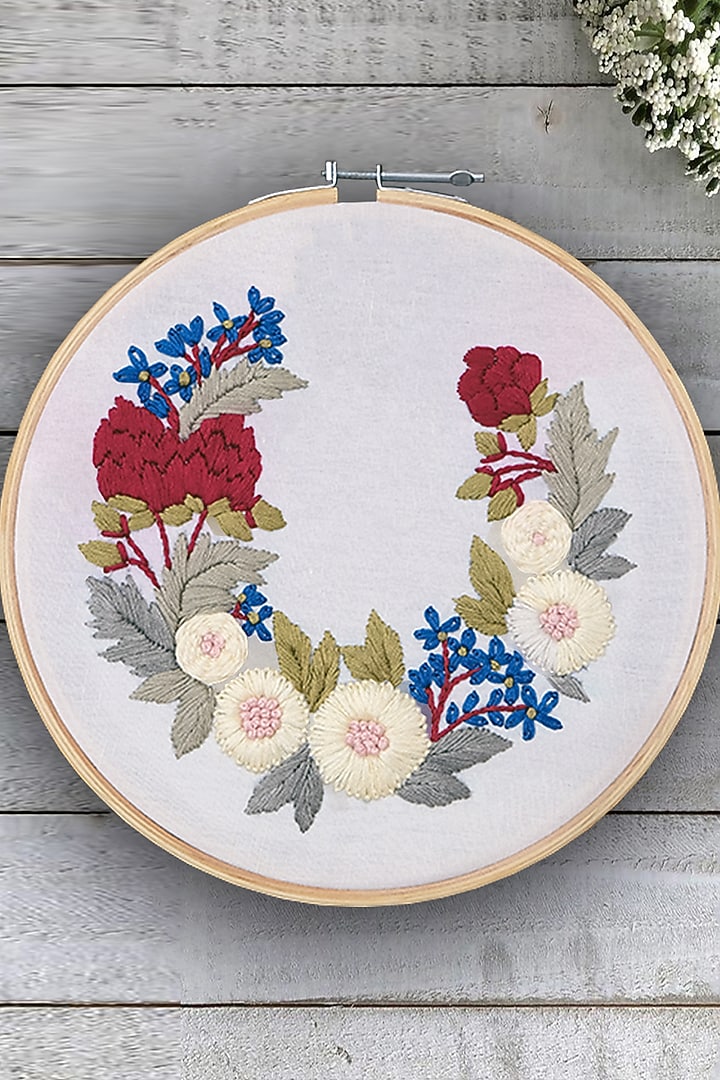 Cream Floral Hand Embroidered Hoop Wall Hanging by Design Gaatha at Pernia's Pop Up Shop