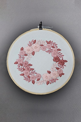 Cream Floral Hand Embroidered Hoop Wall Hanging by Design Gaatha