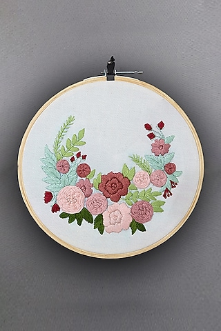 Cream Floral Hand Embroidered Hoop Wall Hanging by Design Gaatha