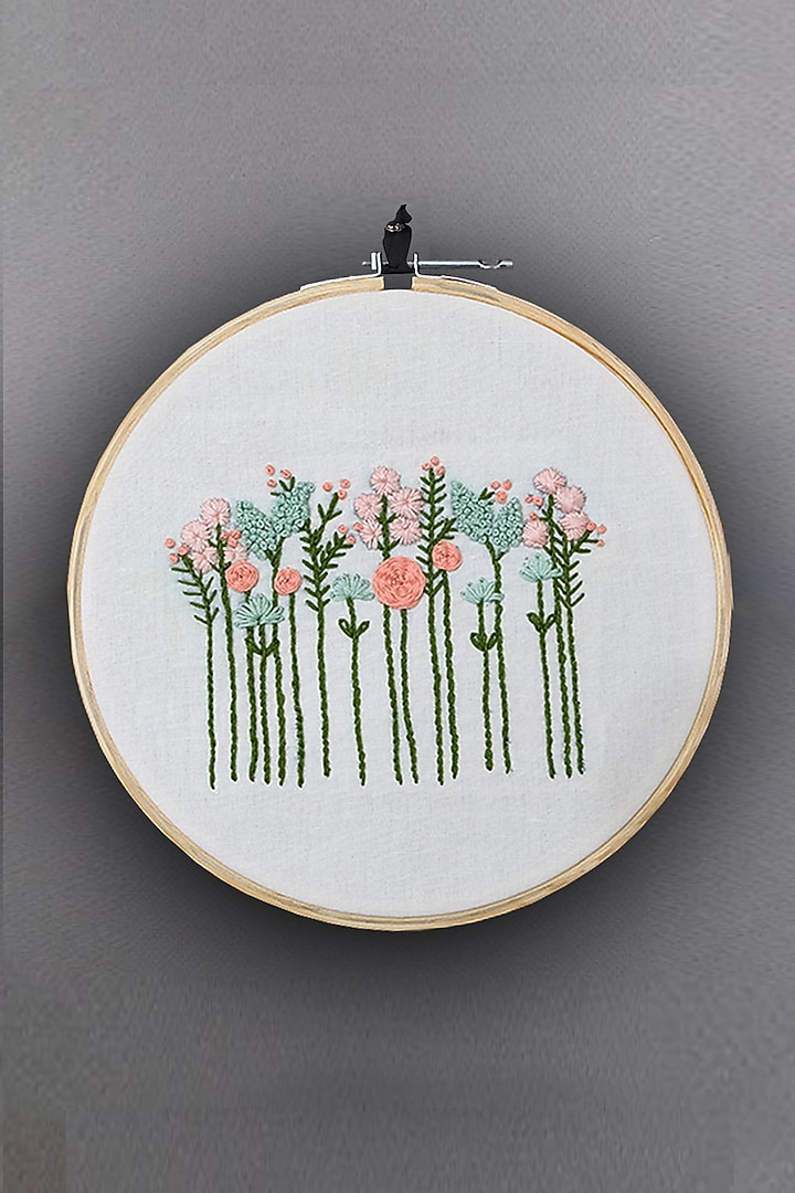 Cream Floral Hand Embroidered Hoop Wall Hanging by Design Gaatha at Pernia's Pop Up Shop
