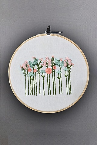 Cream Floral Hand Embroidered Hoop Wall Hanging by Design Gaatha