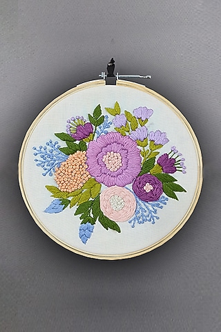 Cream Floral Hand Embroidered Hoop Wall Hanging by Design Gaatha
