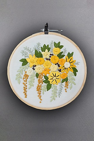 Cream Floral Hand Embroidered Hoop Wall Hanging by Design Gaatha