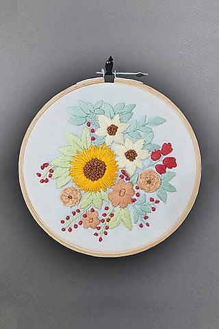 Cream Floral Hand Embroidered Hoop Wall Hanging by Design Gaatha