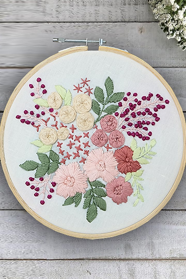Cream Floral Hand Embroidered Hoop Wall Hanging by Design Gaatha at Pernia's Pop Up Shop