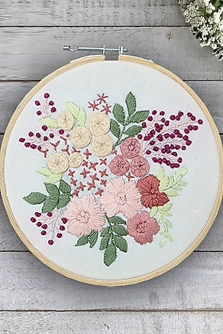 Cream Floral Hand Embroidered Hoop Wall Hanging by Design Gaatha