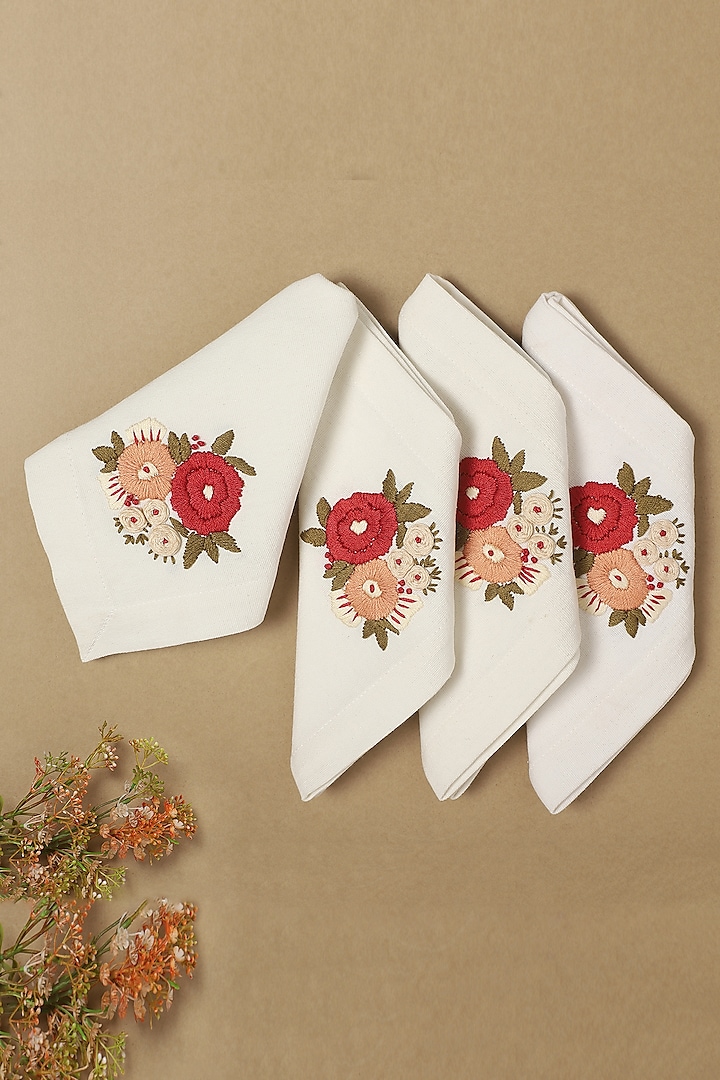 Off White & Maroon Floral Hand Embroidered Table Napkins (Set of 4) by Design Gaatha