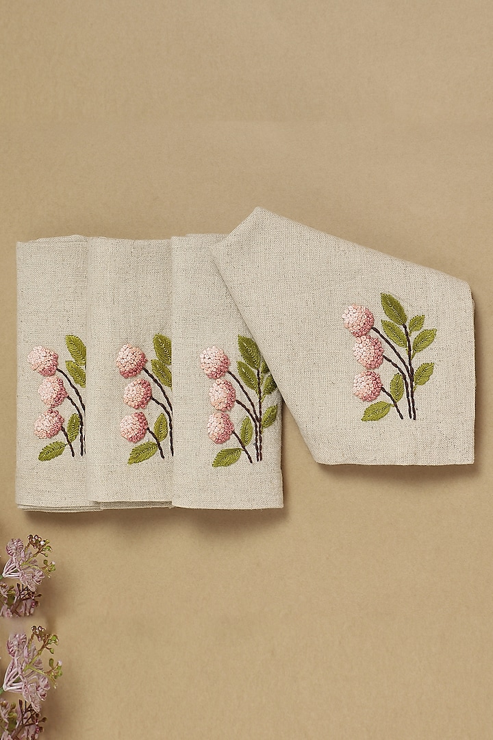 Grey & Pink Floral Hand Embroidered Table Napkins (Set of 4) by Design Gaatha