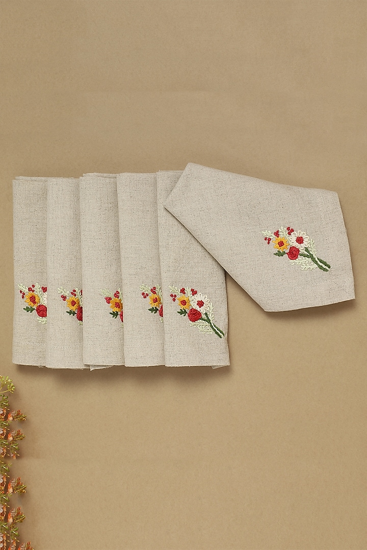Grey Floral Hand Embroidered Table Napkins (Set of 6) by Design Gaatha