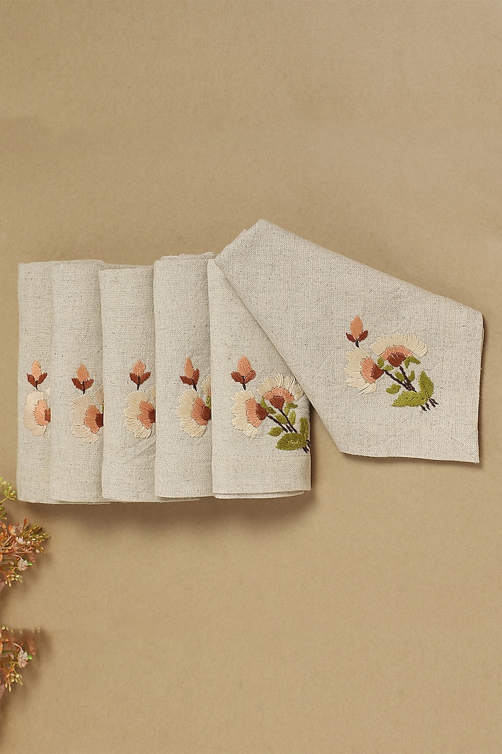 Grey & Beige Floral Hand Embroidered Table Napkins (Set of 6) by Design Gaatha