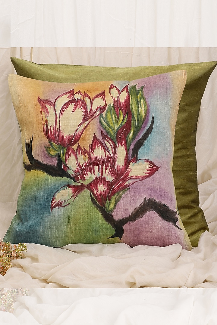 Olive & Multi-Colored Hand Painted Cushion Covers (Set of 2) by Design Gaatha at Pernia's Pop Up Shop