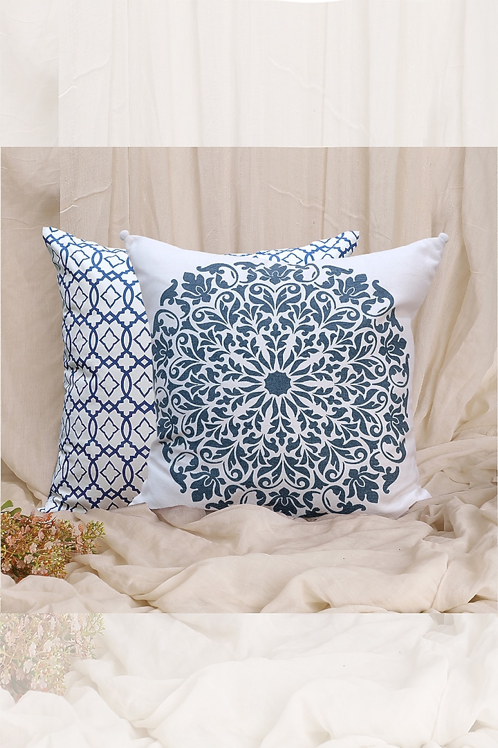 White & Blue Printed Cushion Covers (Set of 2) by Design Gaatha at Pernia's Pop Up Shop