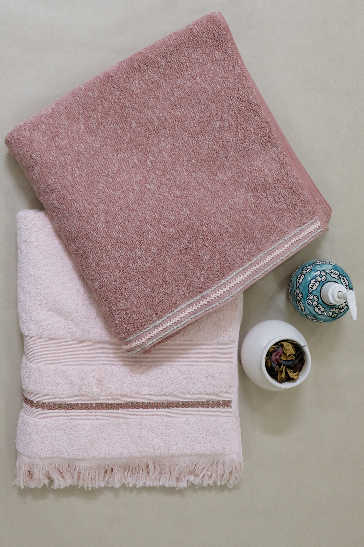 Coral Almond & Light Pink Embroidered Bath Towels (Set Of 2) by Design Gaatha