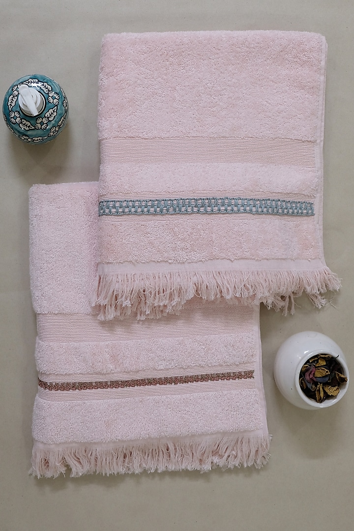Light Pink Embroidered Bath Towels (Set Of 2) by Design Gaatha