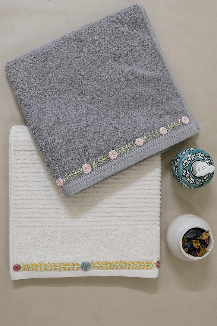 Medium Grey & Cream Embroidered Bath Towels (Set Of 2) by Design Gaatha