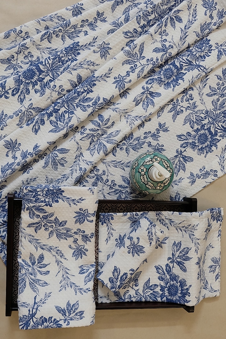 Cream & Blue Floral Printed Bath Linen (Set Of 4) by Design Gaatha at Pernia's Pop Up Shop