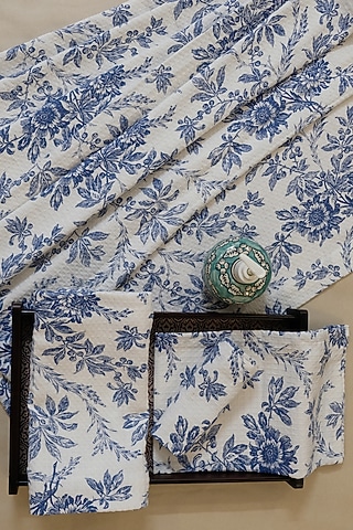 Cream & Blue Floral Printed Bath Linen (Set Of 4) by Design Gaatha