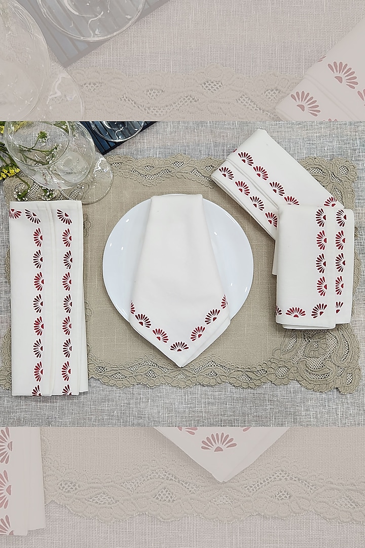 Off-White & Maroon Cotton Floral Printed Table Napkin Set by Design Gaatha at Pernia's Pop Up Shop