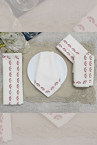 Off-White & Maroon Cotton Floral Printed Table Napkin Set by Design Gaatha