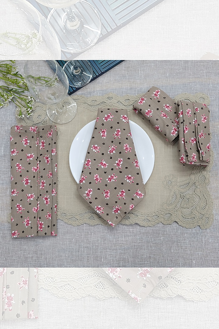 Light Brown Cotton Floral Printed Table Napkins Set by Design Gaatha at Pernia's Pop Up Shop