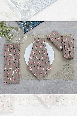Light Brown Cotton Floral Printed Table Napkins Set by Design Gaatha