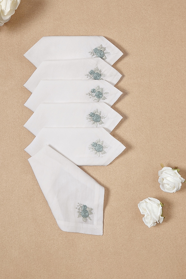 Cream & Grey Cotton Linen Hand Embroidered Cocktail Napkin Set by Design Gaatha