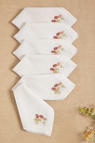 Cream & Pink Cotton Linen Hand Embroidered Cocktail Napkin Set by Design Gaatha
