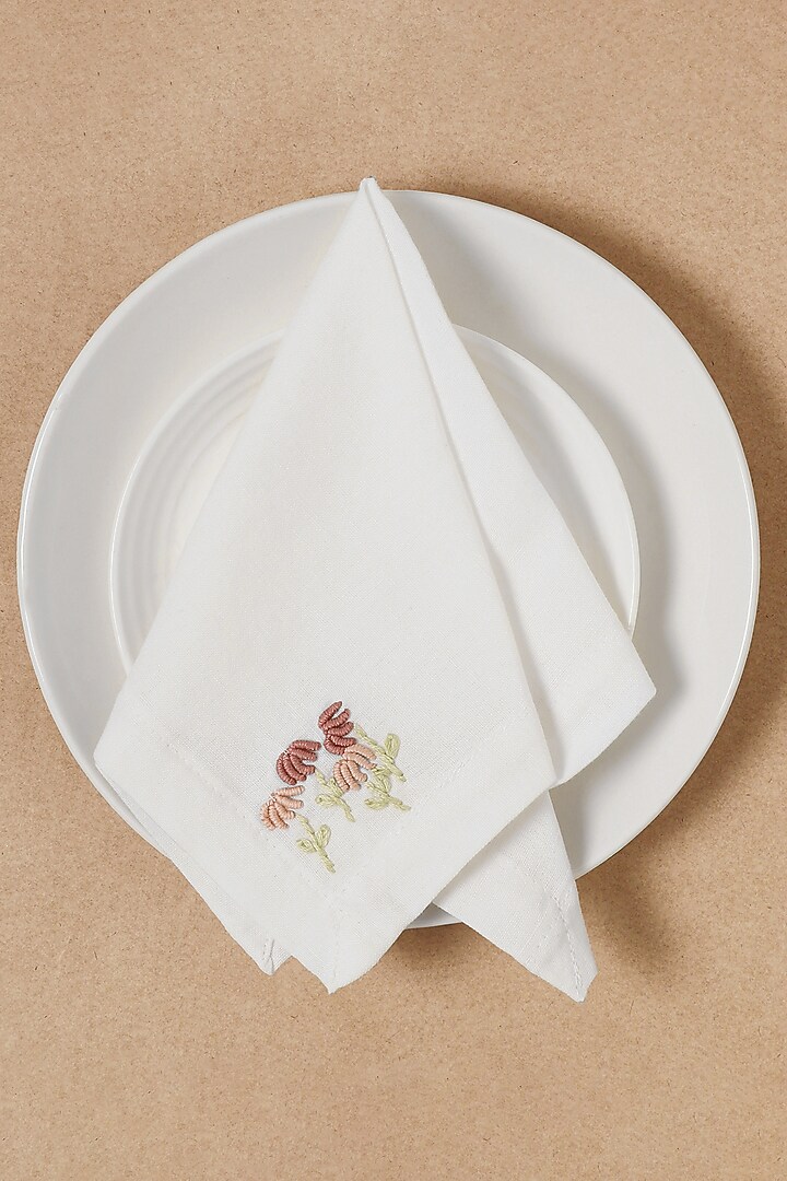 Cream & Pink Cotton Linen Hand Embroidered Cocktail Napkin Set by Design Gaatha at Pernia's Pop Up Shop