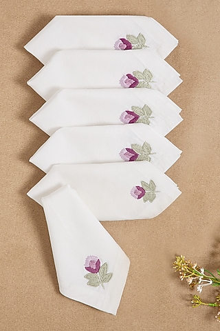 Cream Cotton Linen Hand Embroidered Cocktail Napkin Set by Design Gaatha
