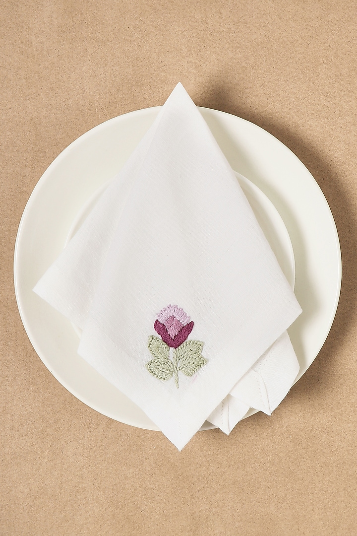 Cream Cotton Linen Hand Embroidered Cocktail Napkin Set by Design Gaatha at Pernia's Pop Up Shop