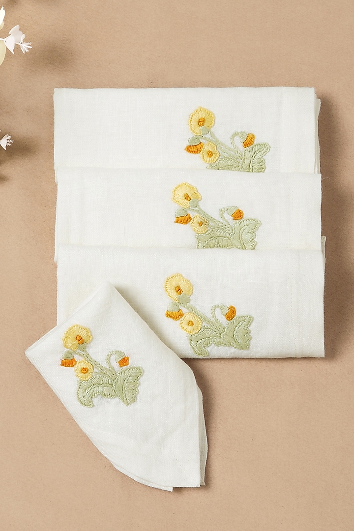 Cream Linen Floral Hand Embroidered Dinner Napkin Set by Design Gaatha at Pernia's Pop Up Shop