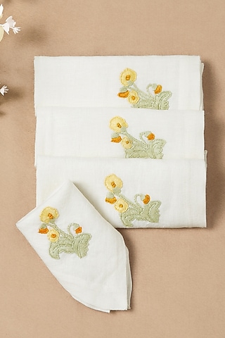 Cream Linen Floral Hand Embroidered Dinner Napkin Set by Design Gaatha