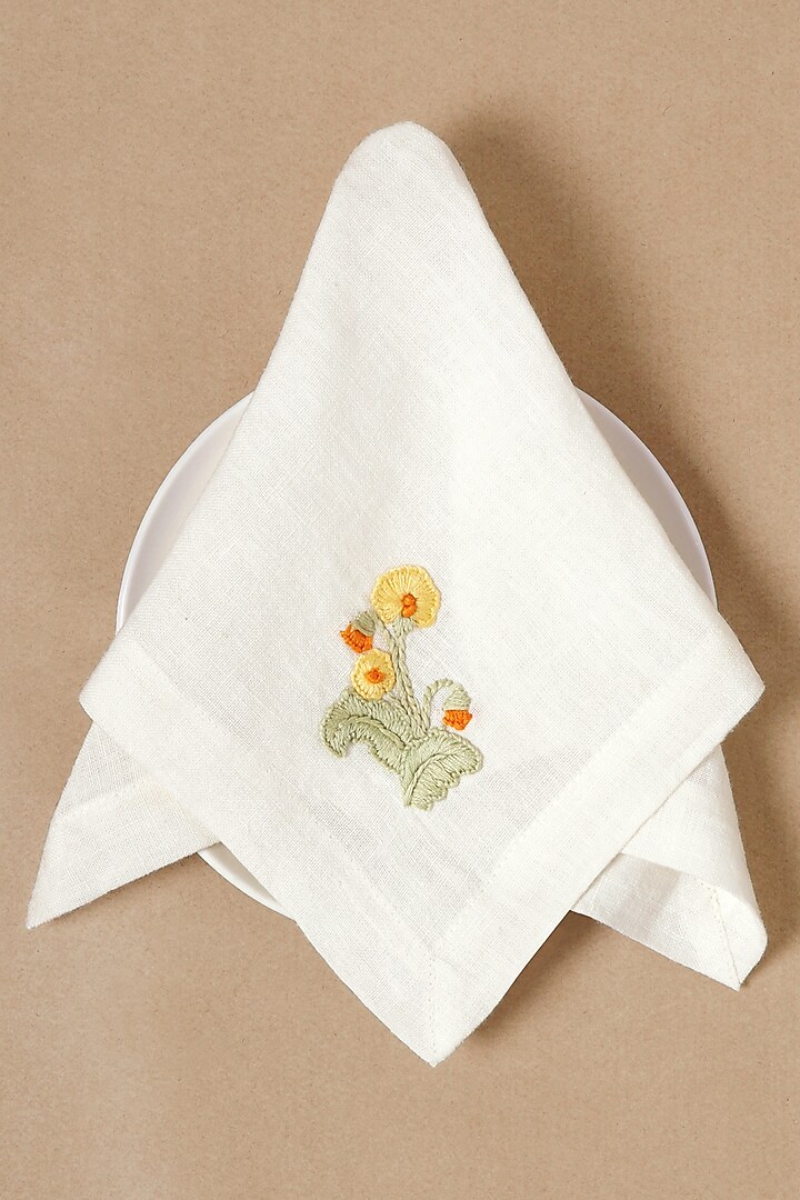 Cream Linen Floral Hand Embroidered Dinner Napkin Set by Design Gaatha at Pernia's Pop Up Shop