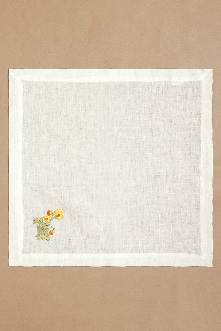 Cream Linen Floral Hand Embroidered Dinner Napkin Set by Design Gaatha at Pernia's Pop Up Shop