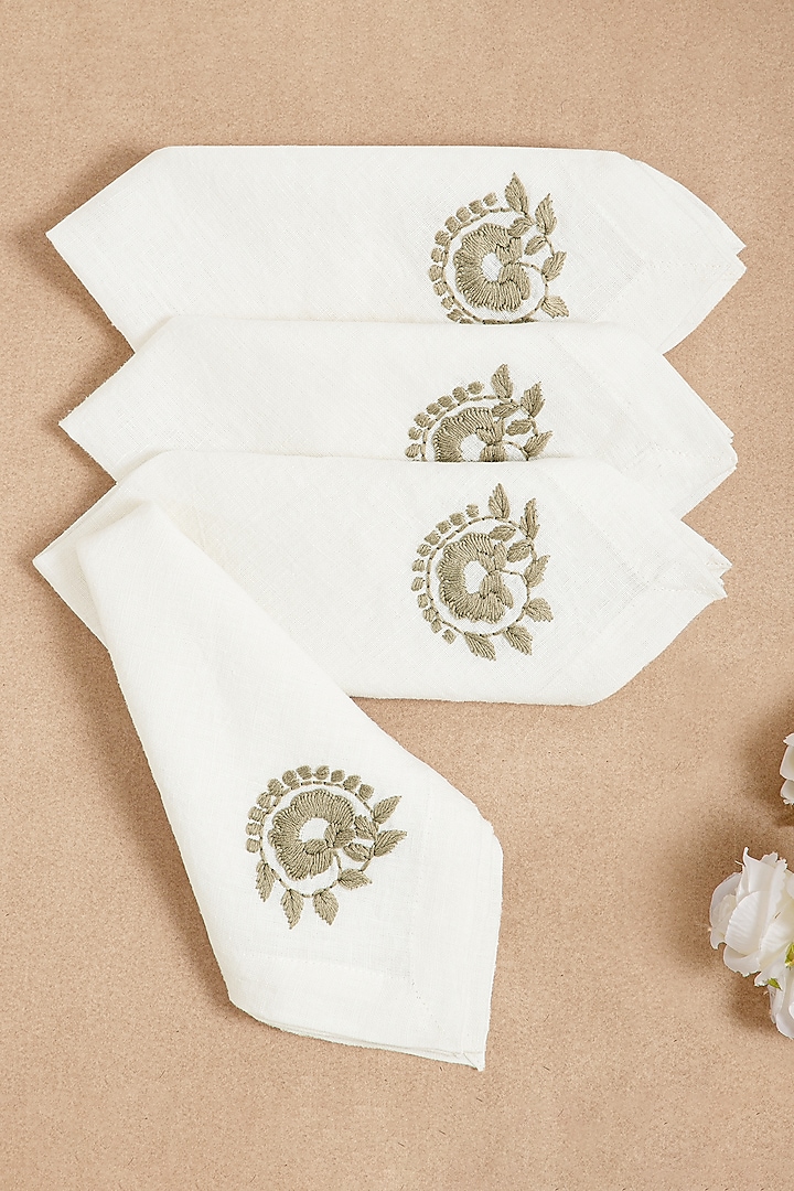 Cream Linen Floral Hand Embroidered Dinner Napkin Set by Design Gaatha at Pernia's Pop Up Shop