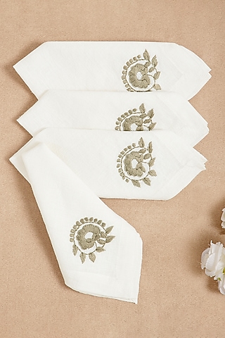 Cream Linen Floral Hand Embroidered Dinner Napkin Set by Design Gaatha