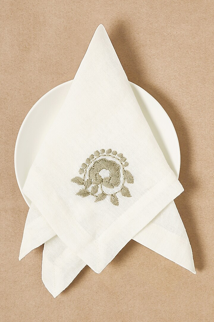 Cream Linen Floral Hand Embroidered Dinner Napkin Set by Design Gaatha at Pernia's Pop Up Shop