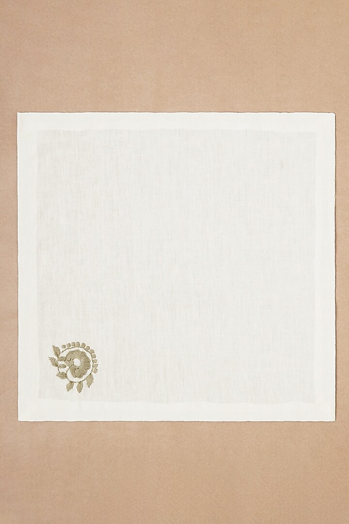 Cream Linen Floral Hand Embroidered Dinner Napkin Set by Design Gaatha at Pernia's Pop Up Shop